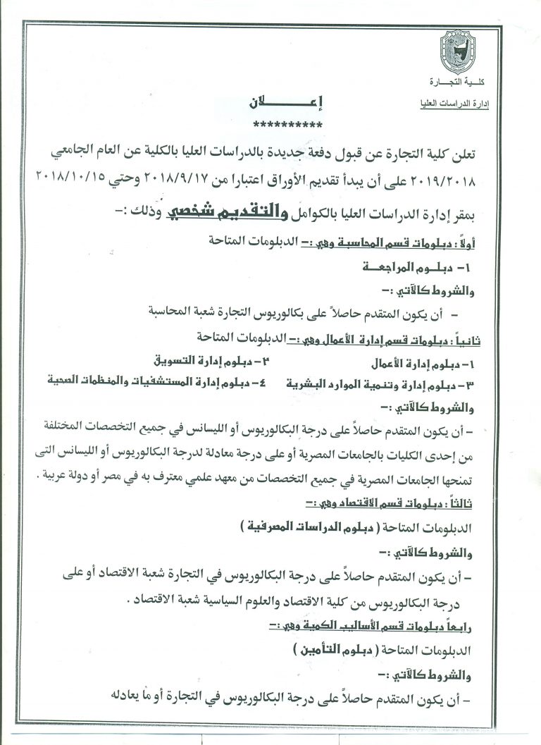 بدء التقديم للدراسات العليا بكلية التجارة للعام الجامعي 2018/2019