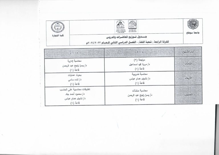 اعلان هام  جداول محاضرات الفصل الدراسي الثاني للعام الجامعي 2024/2023 لشعبة الدراسة باللغة الإنجليزية جميع الفرق مع تمنيات إدارة الكلية التوفيق والنجاح لجميع الطلاب