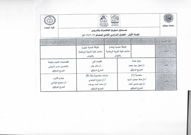 اعلان هام  جداول محاضرات الفصل الدراسي الثاني للعام الجامعي 2024/2023 لطلاب انتظام وانتساب جميع الفرق مع تمنيات إدارة الكلية التوفيق والنجاح لجميع الطلاب