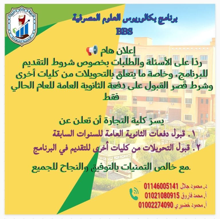ردا علي الاستفسارات الوارده بخصوص التقديم لبكالوريوس العلوم المصرفيه