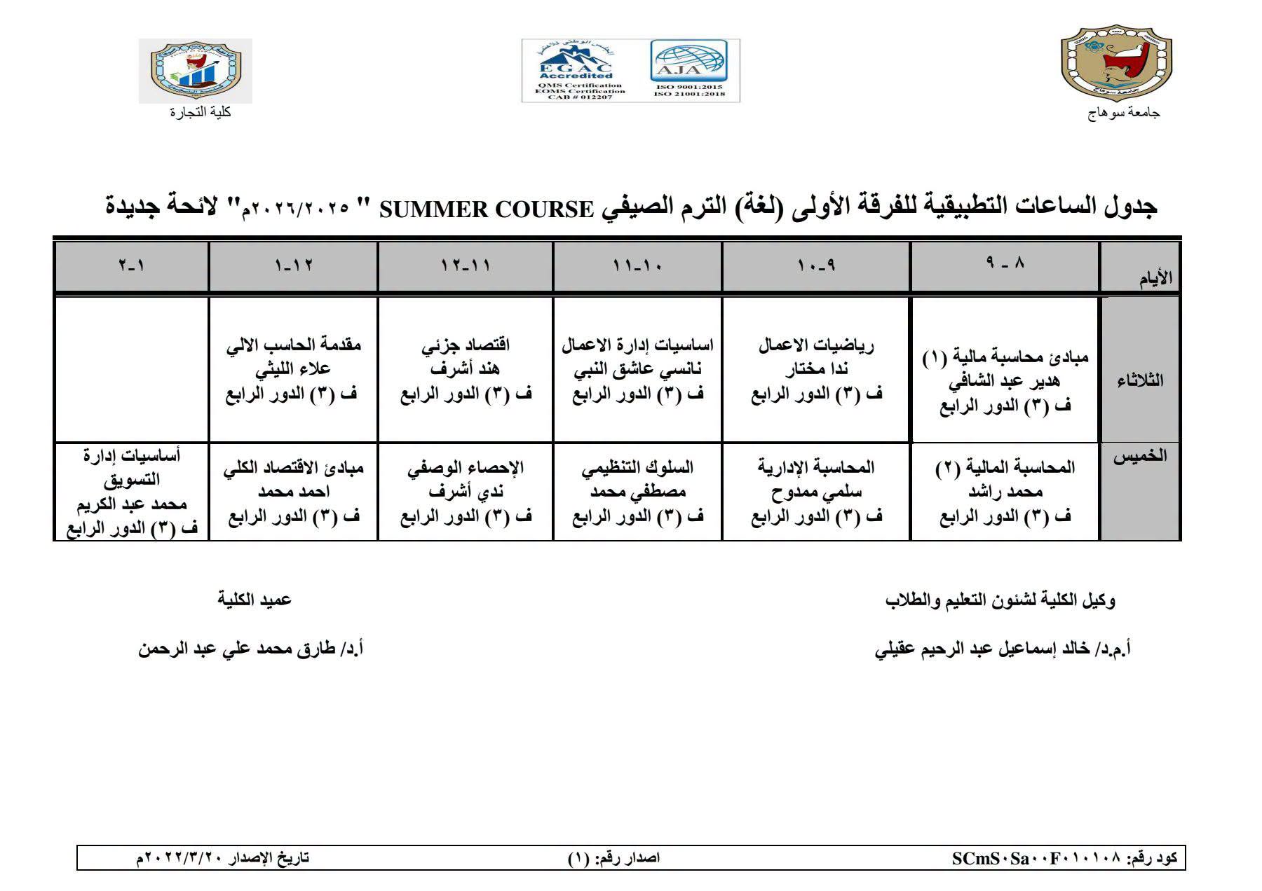 جداول الساعات التطبيقية لطلاب الفصل الدراسي الصيفي وفق اللائحة الجديدة للعام الجامعي 2025/2026